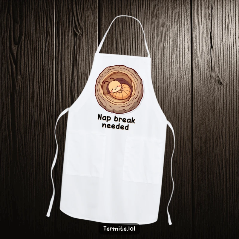Funny sleepy termite character in a log, humorous kitchen apron, ideal for gifting relaxed chefs.