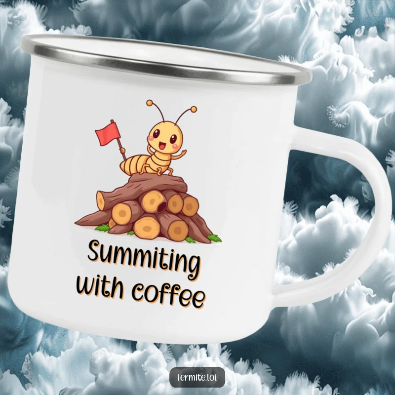 Funny triumphant termite holding a flag on wood, humorous camping mug, perfect funny gift.