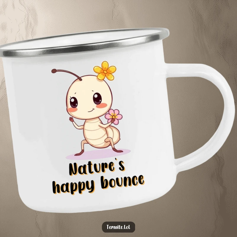 Funny bouncing termite with a flower, cheerful humorous camping mug, perfect funny gift.