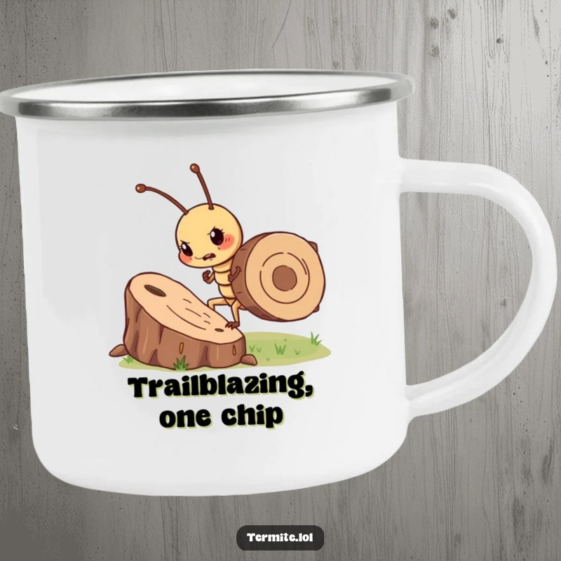 Funny determined termite character pushing a wood chip, durable humorous camping mug, perfect funny gift.