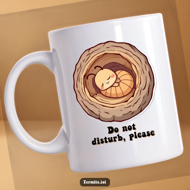 Funny sleepy termite character curled up inside a hollowed-out log, dreaming peacefully, humorous mug, gift.