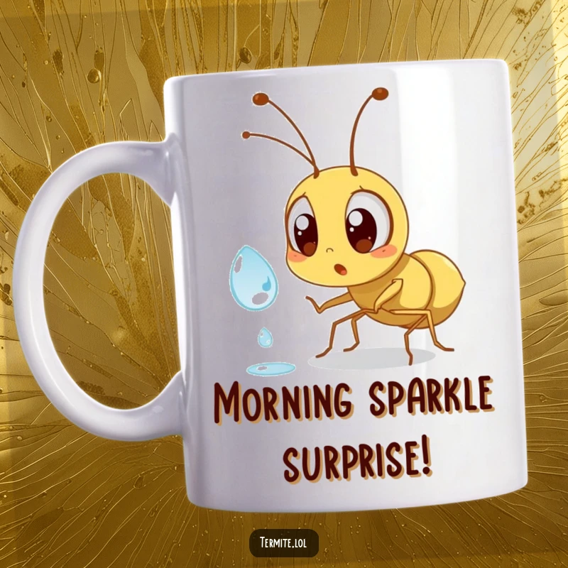 Funny surprised termite character with wide eyes, shocked by a tiny dewdrop, perfect funny mug for gift.