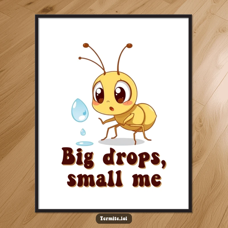 Funny surprised termite character wide-eyed at a dewdrop, high-resolution digital art, perfect for framing.
