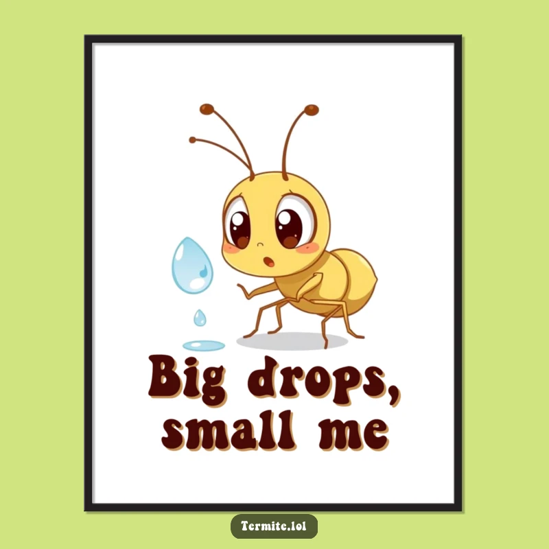 Funny Surprised Termite Digital Art Print - Dewdrop Drama Captured, Perfect Funny Gift