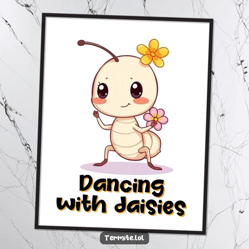 Funny bouncing termite with a tiny flower, joyful humorous digital art, perfect for framing.