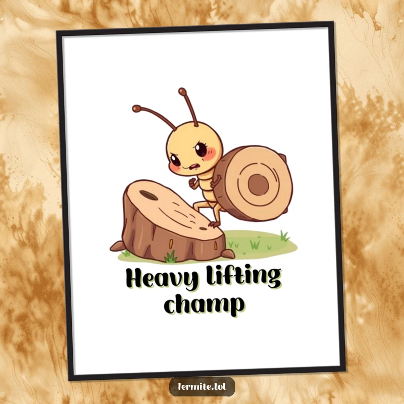 Funny determined termite character pushing a large wood chip, humorous digital art, perfect for framing.