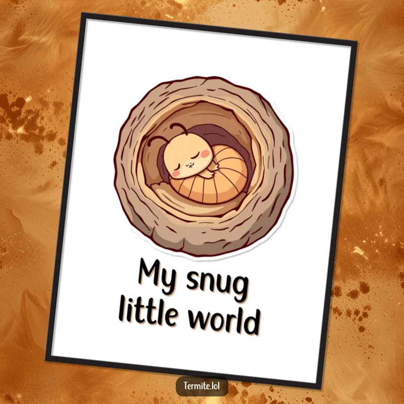 Funny sleepy termite character curled in a log, peaceful humorous digital art, perfect for framing.