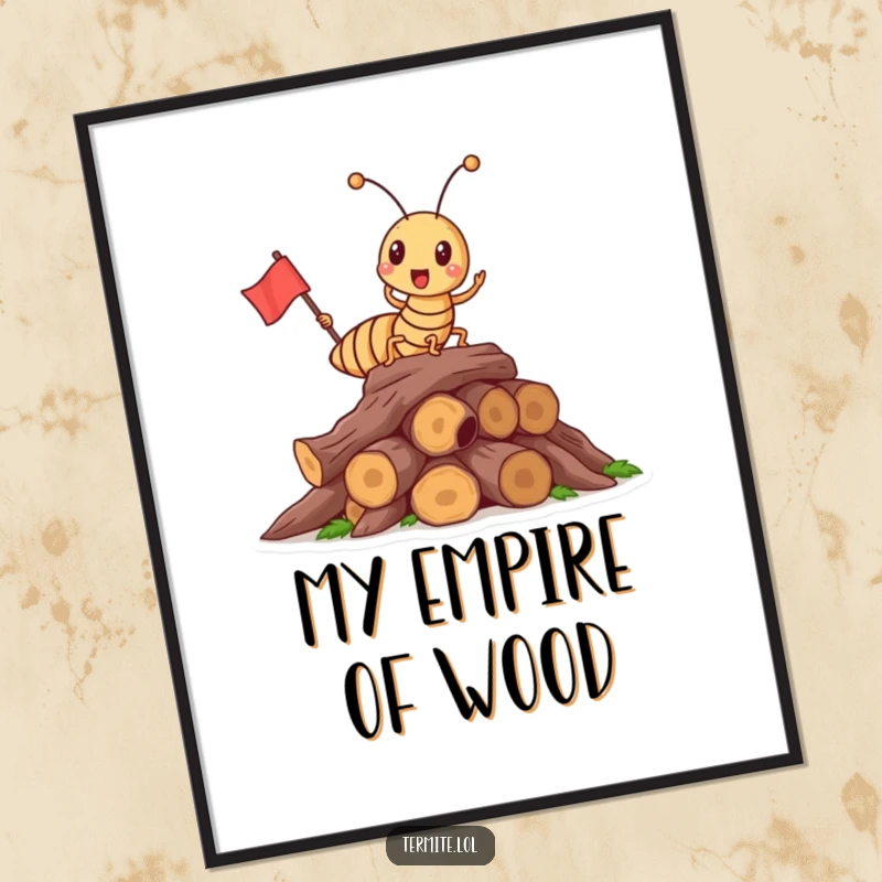 Funny triumphant termite holding a flag on wood, inspiring humorous digital art, perfect for framing.