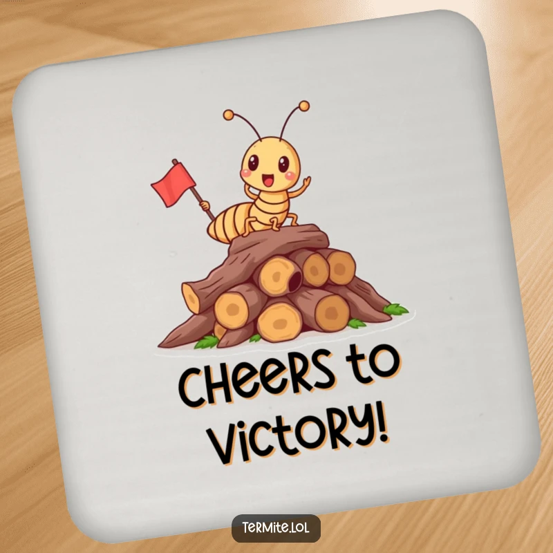 Funny triumphant termite holding a flag on wood, humorous drink coaster, perfect for table protection.