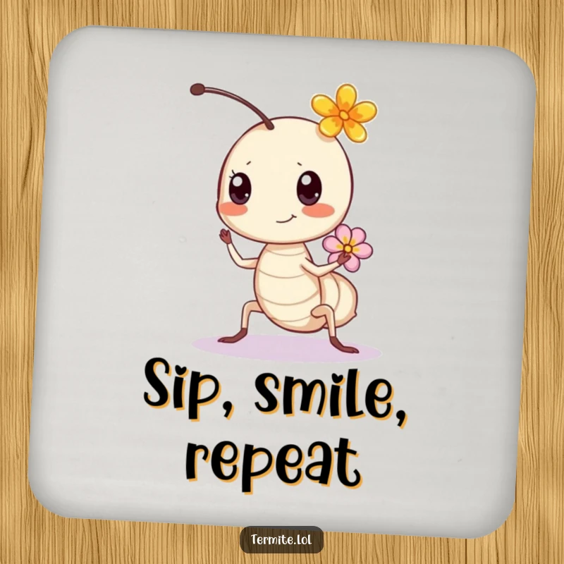 Funny bouncing termite with a flower, humorous drink coaster, perfect for table protection.