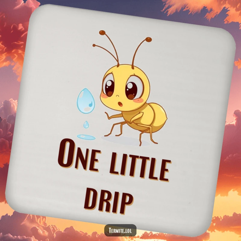 Funny surprised termite character wide-eyed at a dewdrop, humorous drink coaster, perfect for protecting furniture.