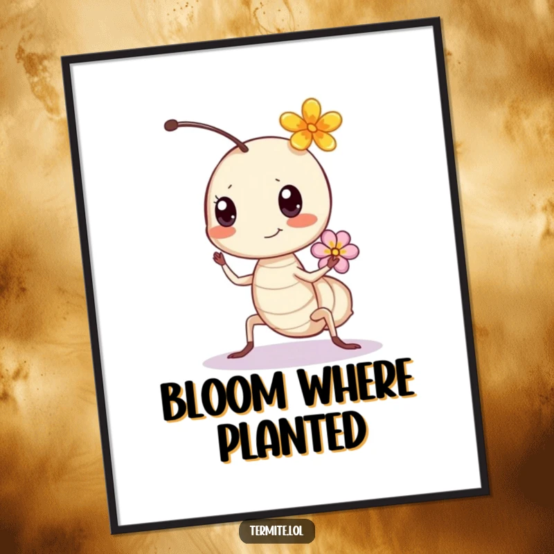 Funny bouncing termite with a tiny flower, vibrant humorous wall art, perfect funny gift.