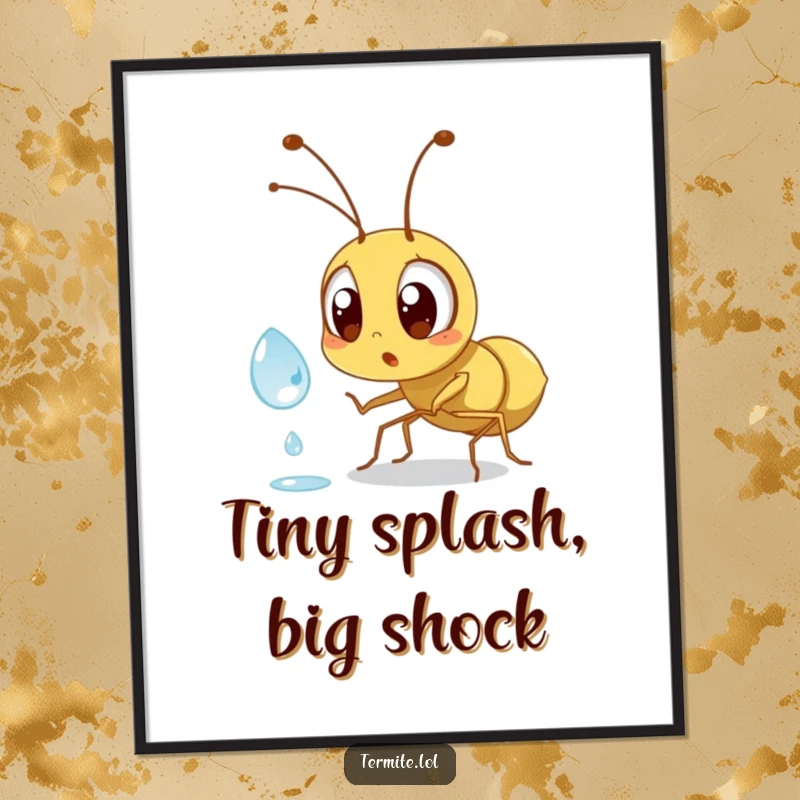 Funny surprised termite character wide-eyed at a dewdrop, humorous wall art, perfect funny gift.
