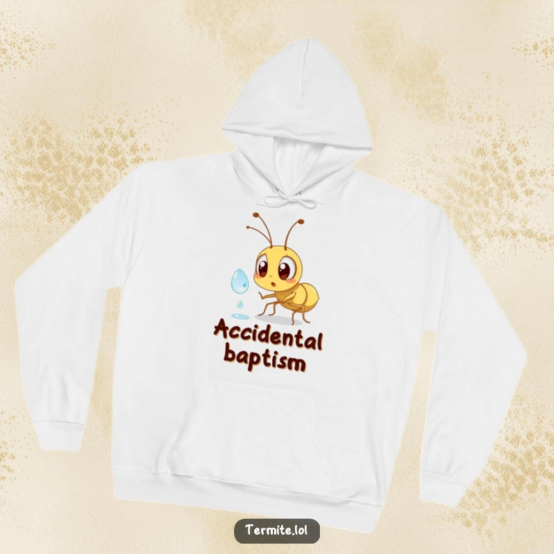Funny surprised termite character, wide eyes meeting a dewdrop, humorous hoodie, perfect for gifting.