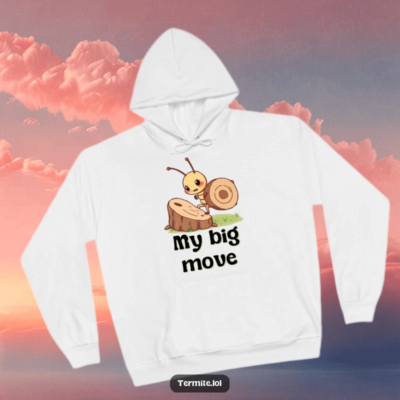 Funny determined termite character moving a large wood chip, warm and humorous hoodie, perfect funny gift.