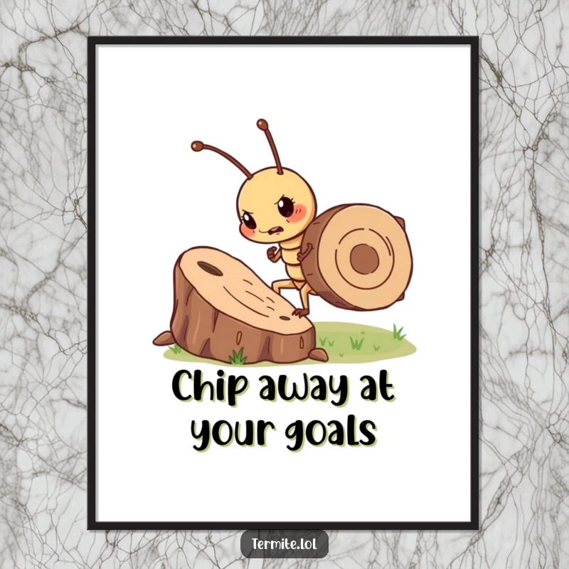 Funny Free Printable Wall Art: A determined termite pushes a large wood chip, representing strength and downloadable art.