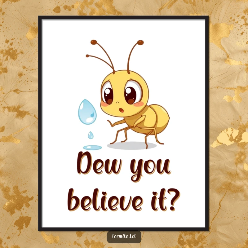 Funny Free Printable Wall Art: A wide-eyed termite is surprised by a giant dewdrop, creating comical downloadable art.