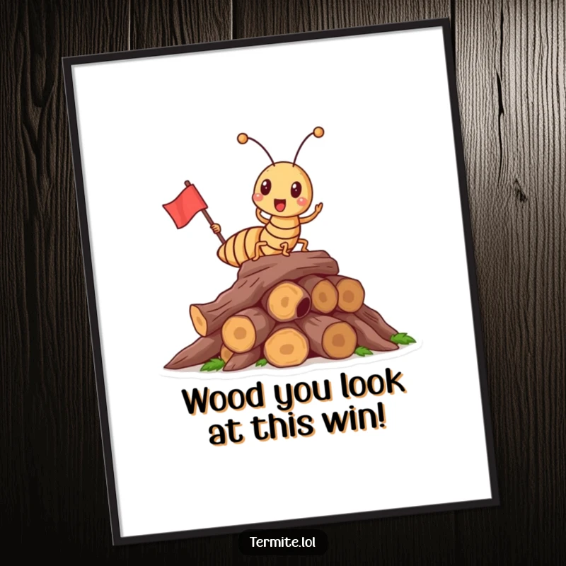 Funny Free Printable Wall Art: A triumphant termite plants a mini flag on a wood pile, a victorious downloadable art.