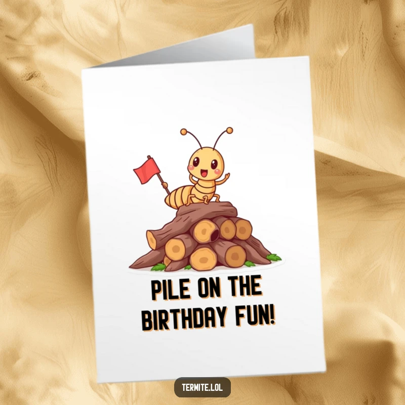 Funny Free Printable Birthday Card: A triumphant termite plants a flag on a wood pile, celebrating a birthday win.