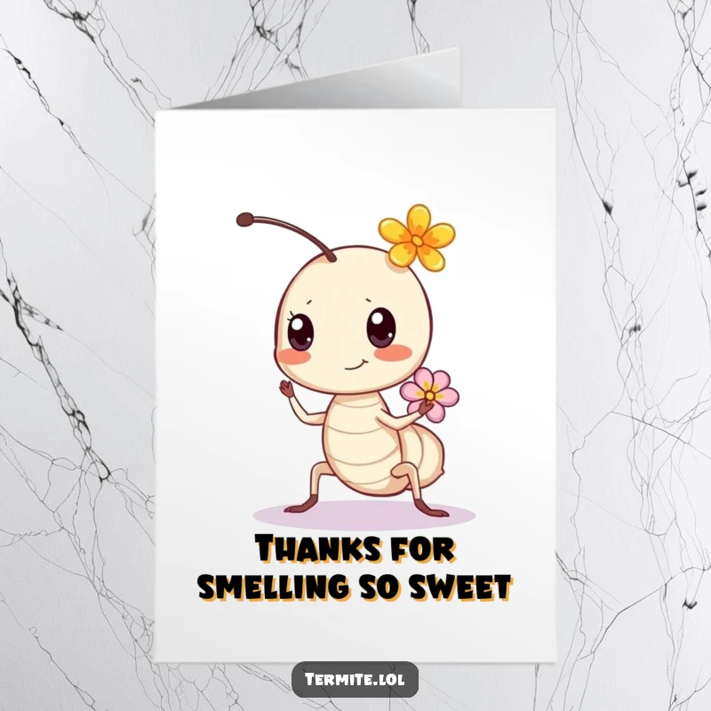 Funny Free Printable Thank You Card: A happy termite bounces with a flower, a cheerful thank you gesture.