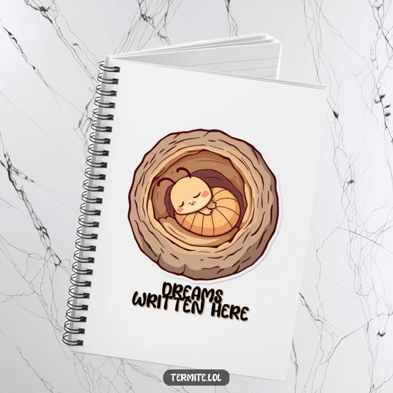 Funny sleepy termite character in a log, humorous notebook for dreamy ideas, perfect gift.
