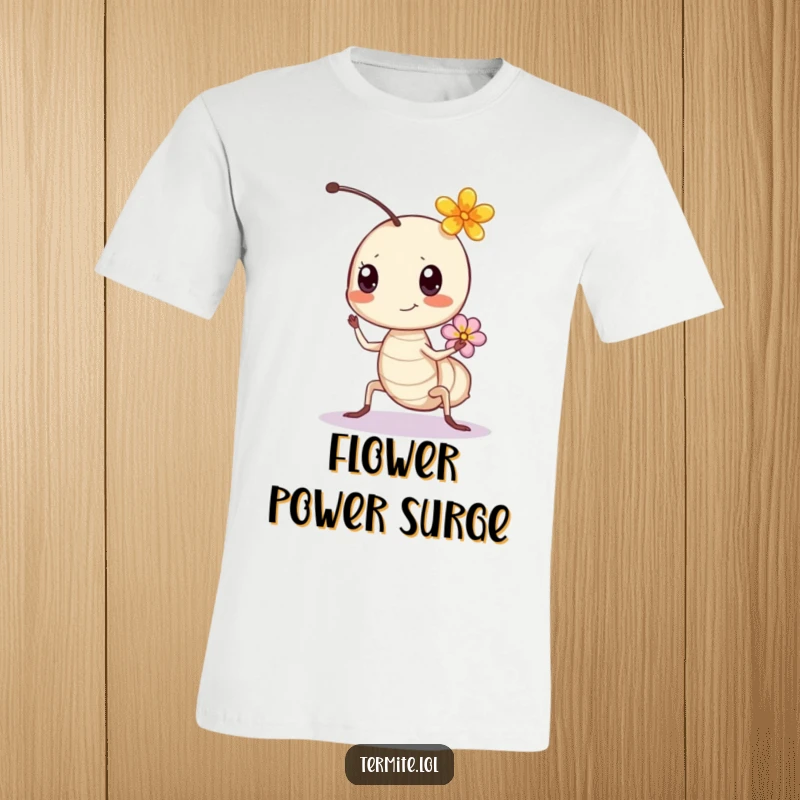 Funny bouncing termite with a small flower at top, joyful and humorous t-shirt, perfect gift.