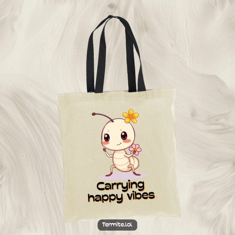 Funny bouncing termite with a flower, a cheerful and humorous tote bag, great funny gift.