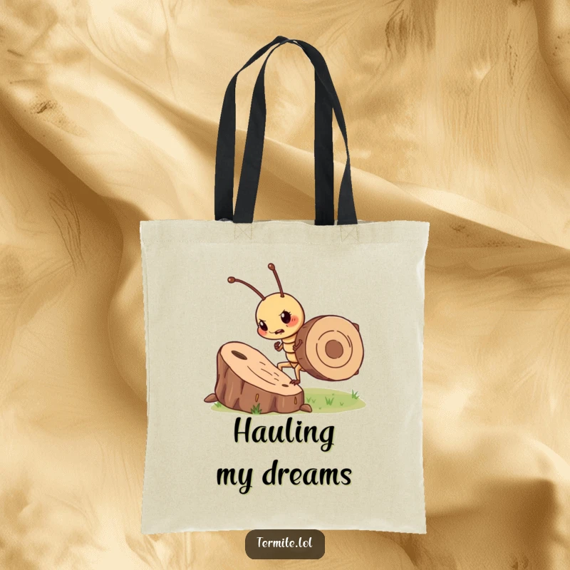 Funny determined termite pushing a wood chip, a durable and humorous tote bag, great funny gift.