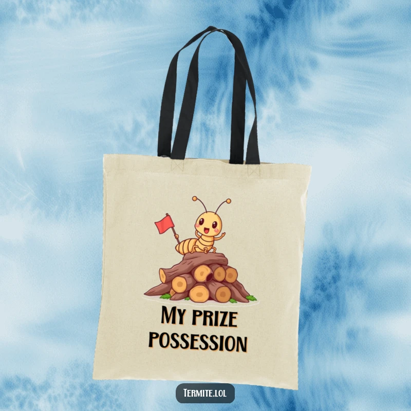 Funny triumphant termite with a flag on wood, a durable and humorous tote bag, great funny gift.